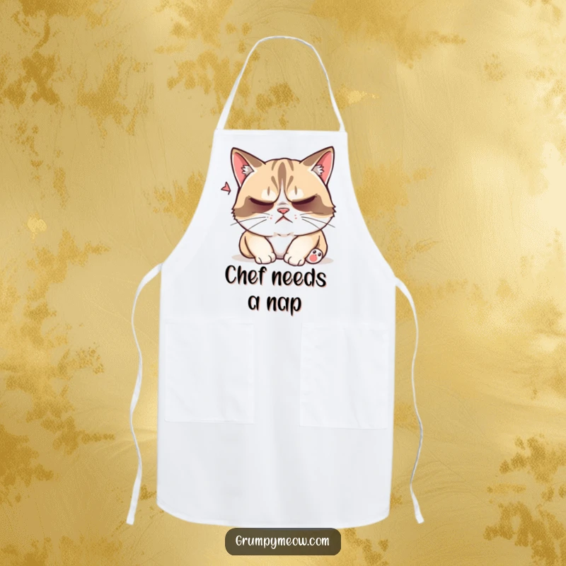 Funny grumpy cat apron, cooking attire, trying to sleep, playfully disturbed, annoyed, humorous gift.