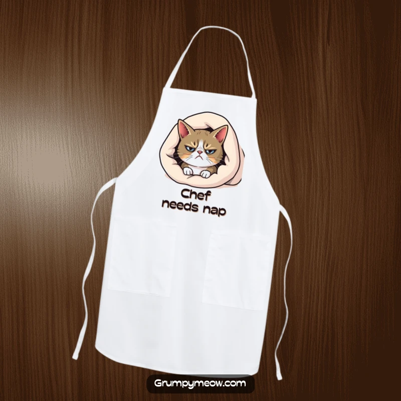 Funny grumpy cat apron, peeking from under a blanket with a frown, for kitchen duties with a side of sass.