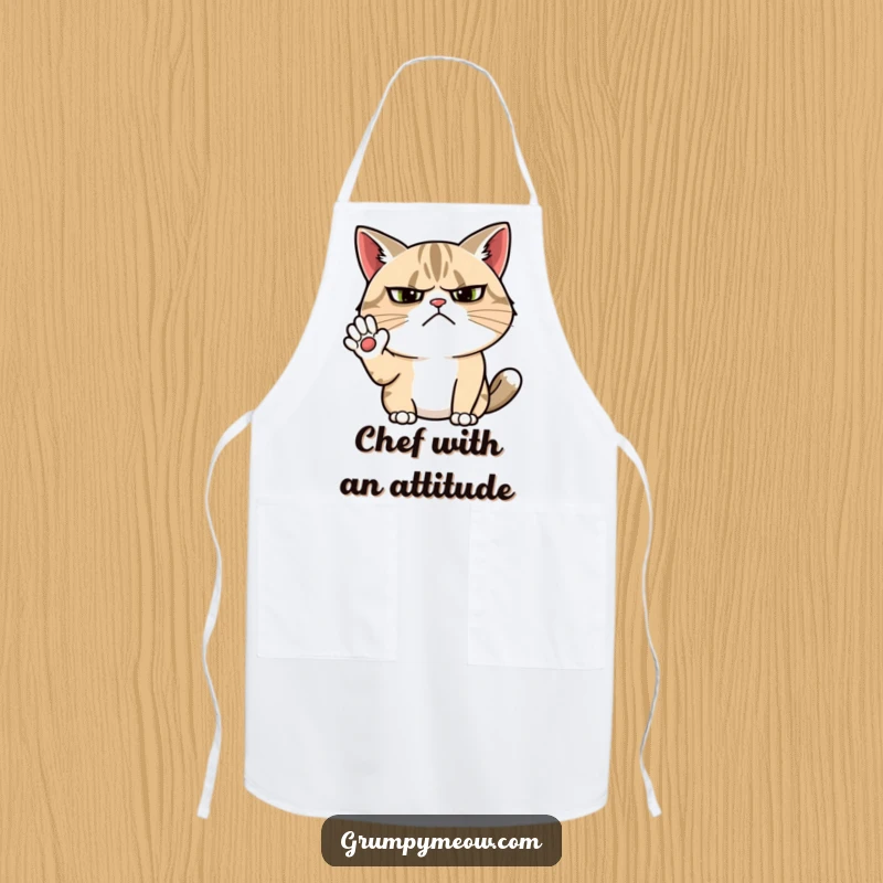 Funny grumpy cat apron with a cat sporting a furrowed brow, attempting a cheerful but sarcastic wave while cooking.