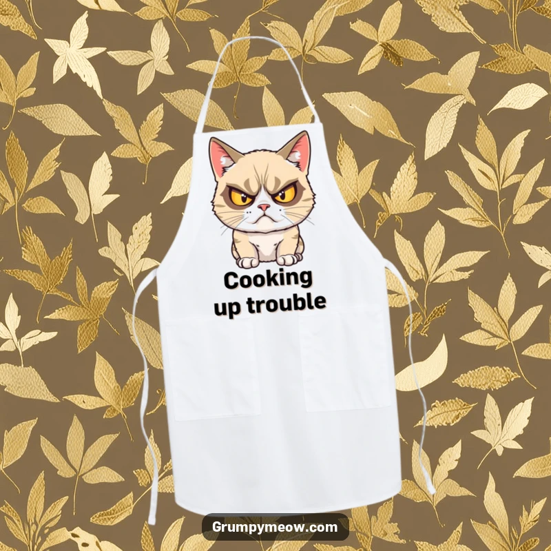 Funny grumpy cat apron showing a cat glaring with crossed eyes, ready to cook up some grumpy meals.