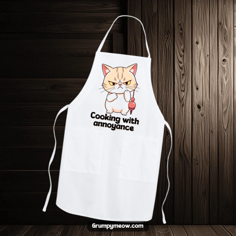 Funny grumpy cat with narrowed eyes disdainfully batting a dangling toy, perfect for sassy cooking.