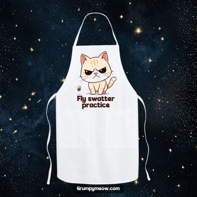 Funny apron with a grumpy cat reluctantly chasing a buzzing fly, highlighting its forced effort in the kitchen.