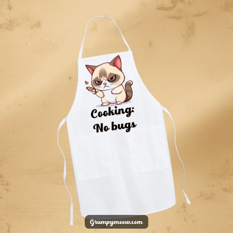 Funny grumpy cat wearing an apron, batting away a butterfly with annoyance, a great funny gift.
