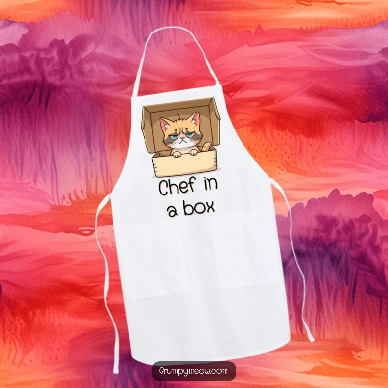 Funny apron with a grumpy cat sitting in a box, its whisker twitching with disdain, ideal for kitchen humor and protection.