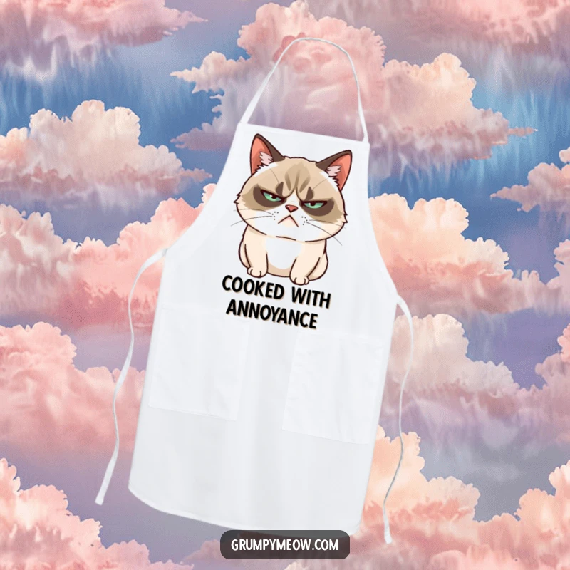 Funny Grumpy Cat Apron: A grumpy cat slow blinks with unimpressed sass, making kitchen time sarcastically fun.