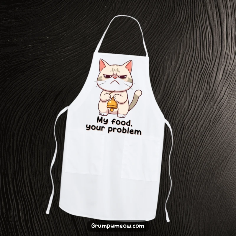 Funny apron with a grumpy cat reluctantly playing with a dangling bell, bringing sarcastic charm and protection to the kitchen.