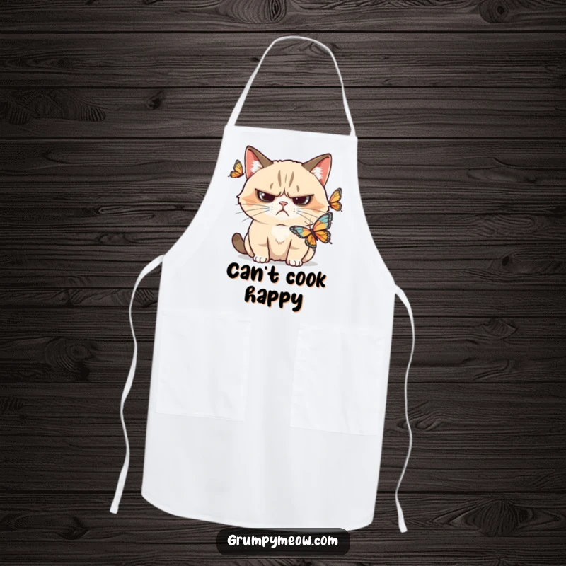 Funny grumpy cat apron, with a skeptical frown, watching a butterfly, a superb funny gift for cooks.