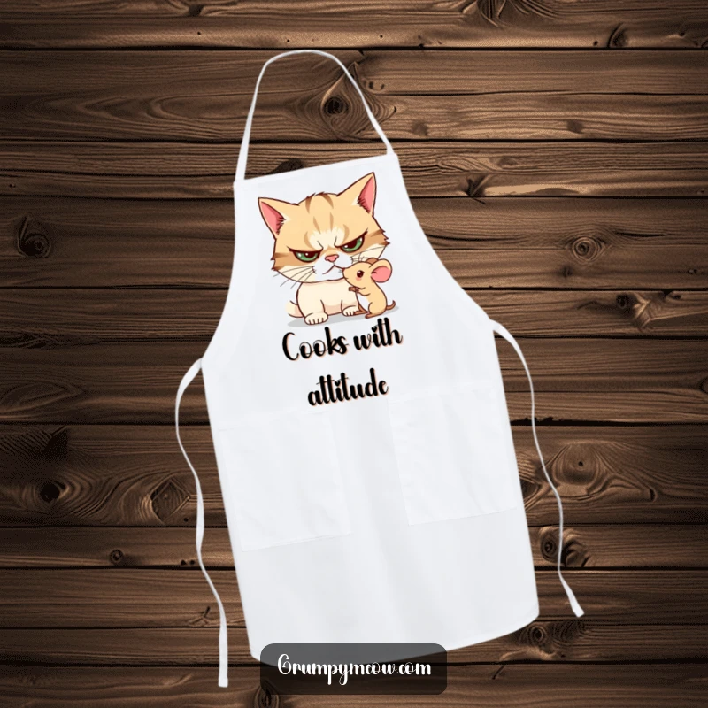 Funny apron with a grumpy cat curiously poking a tiny toy mouse, depicting a humorously intense kitchen companion.