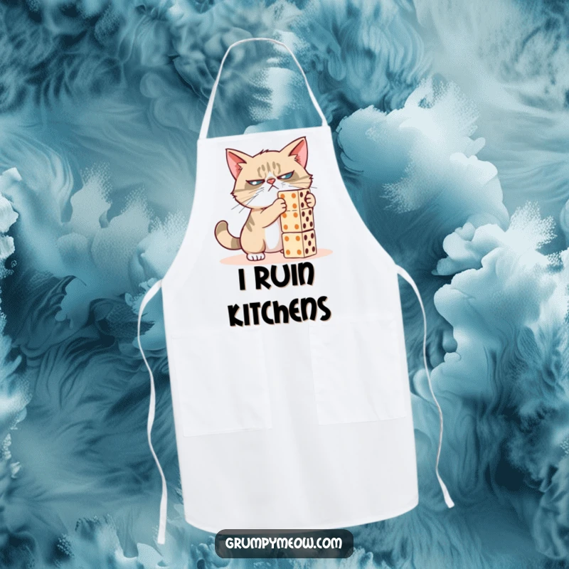 Funny grumpy cat apron, meticulously pushing a domino, ready for culinary disaster, a fantastic funny gift for cooks.