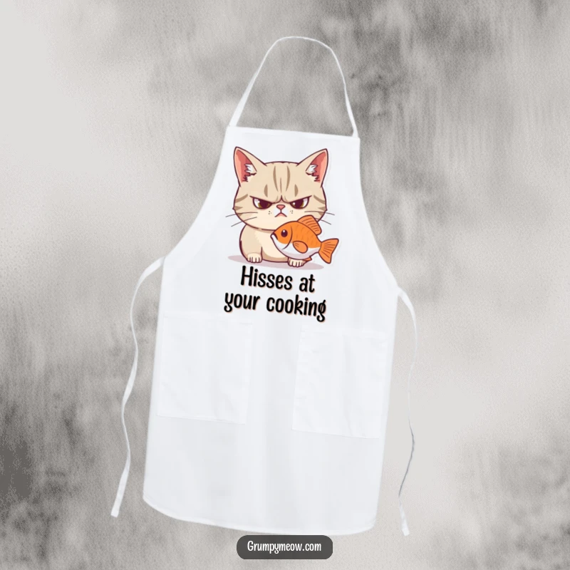 Funny grumpy cat apron, wearing a frown, intensely staring at a fish, ideal for humorous cooking sessions.