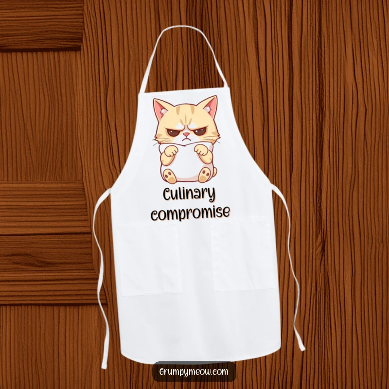 Funny grumpy cat apron depicting a cat with crossed paws, slightly mollified by a soft pillow, perfect for the kitchen.