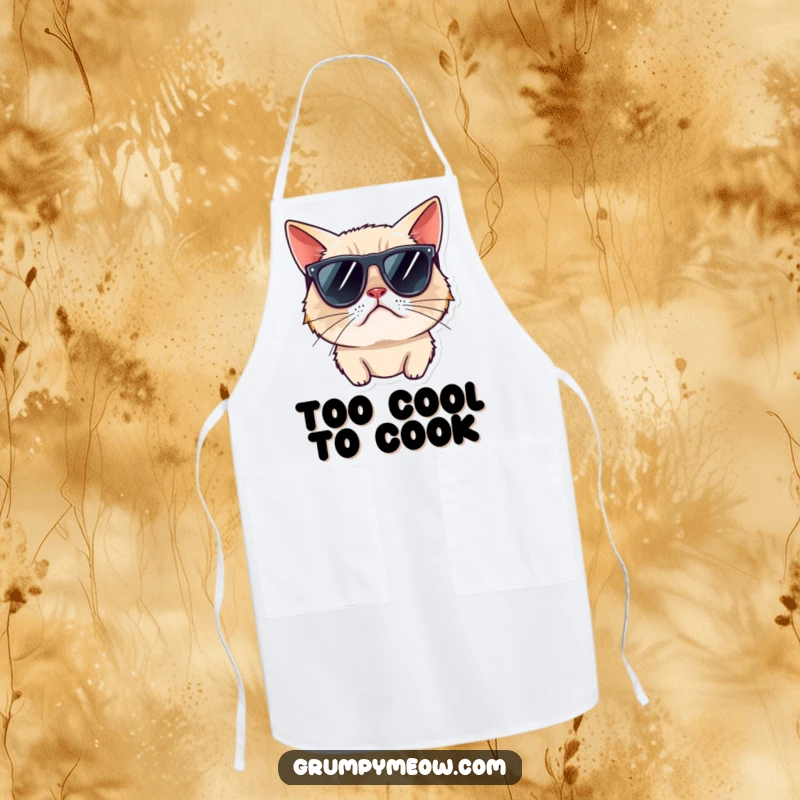 Funny grumpy cat apron, wearing cool sunglasses, looking away rudely, ideal for humorous kitchen tasks.