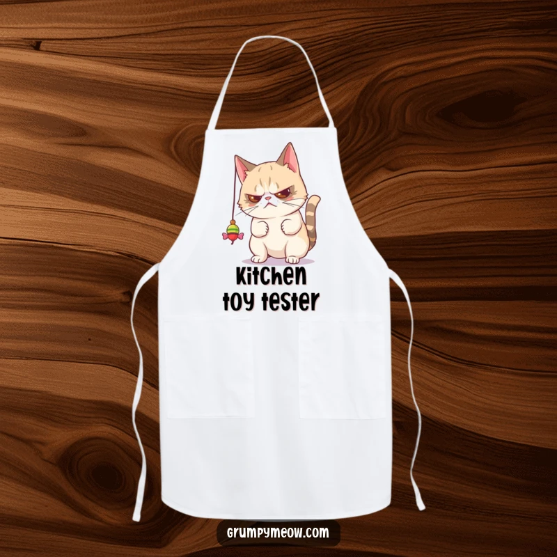 Funny apron with a grumpy cat batting a toy disdainfully, bringing humorous feline sass and unimpressed attitude to the kitchen.