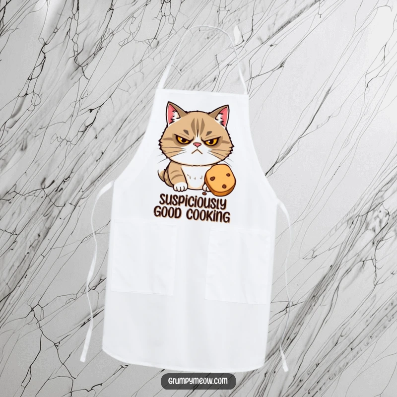 Funny apron featuring a grumpy cat with narrowed eyes suspiciously eyeing a tempting treat, ready to protect your culinary delights.
