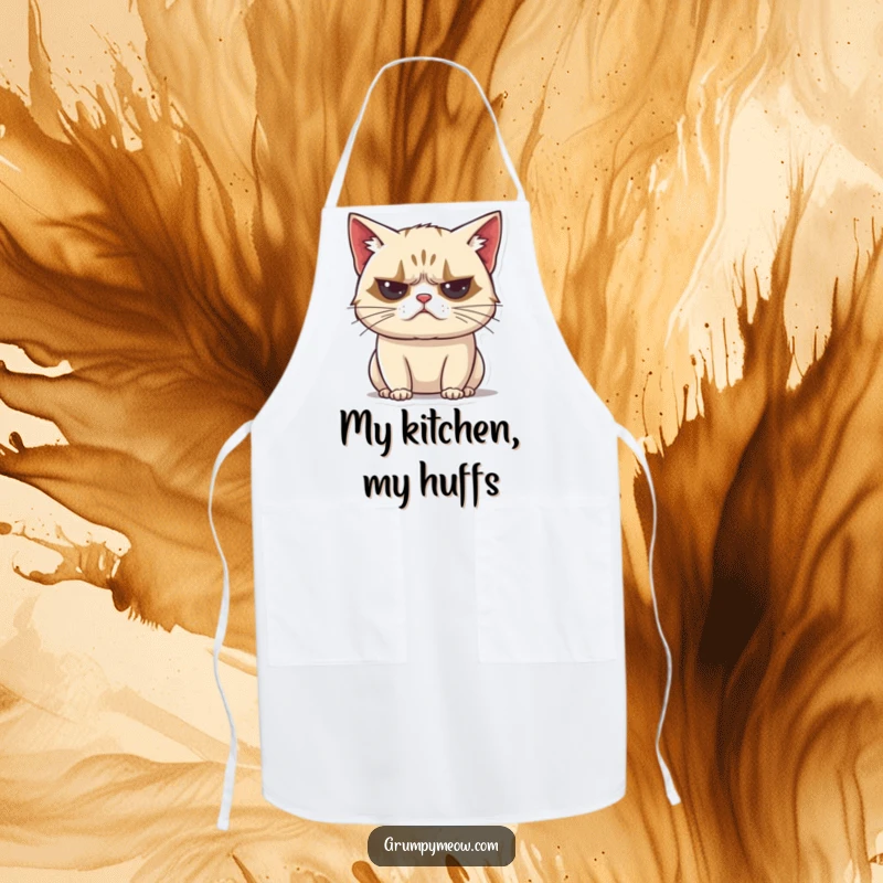 Funny grumpy cat apron, cooking attire, unimpressed huff, vocal disapproval, sarcastic kitchen accessory, humorous gift.
