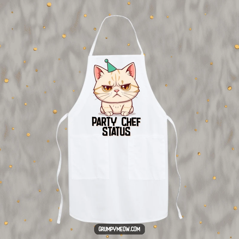 Funny apron with a disgruntled cat wearing a tiny, ill-fitting party hat, ideal for kitchen humor.
