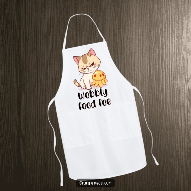 Funny apron with a grumpy cat arching its back and hissing at a wobbling jelly, ideal for kitchen humor.