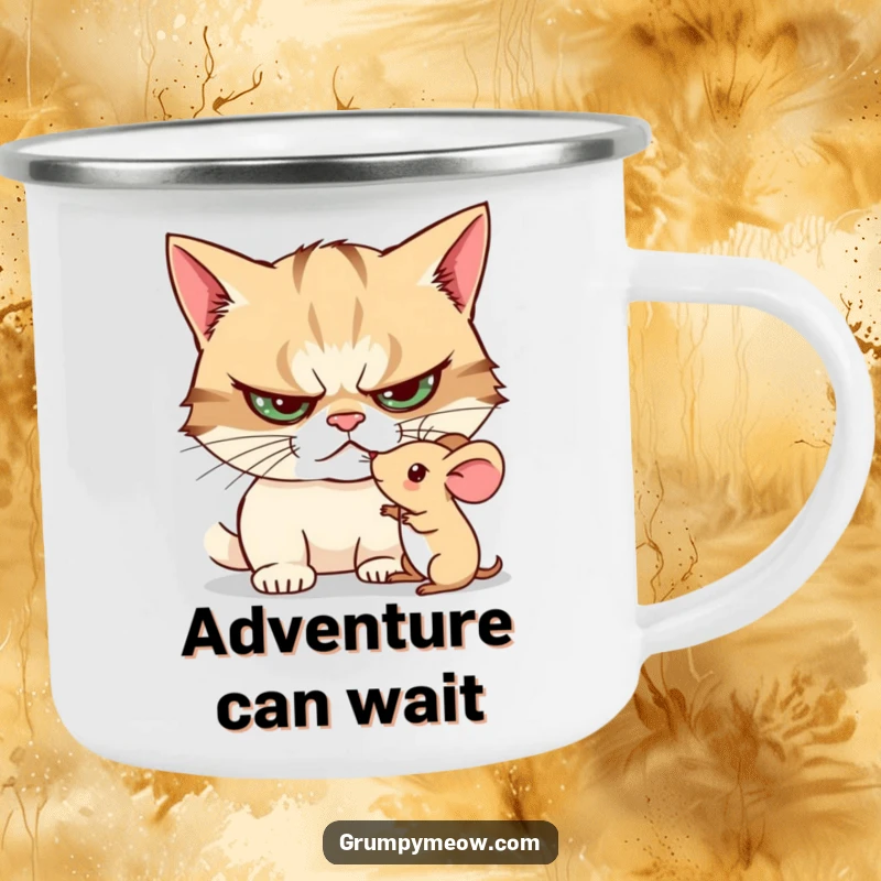 Funny camping mug featuring a grumpy cat curiously poking a toy mouse, ideal for outdoor adventures and humorous moments.
