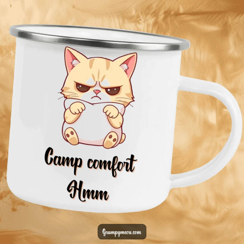 Funny grumpy cat camping mug showing a cat with crossed paws, slightly appeased by a soft pillow, for outdoor use.