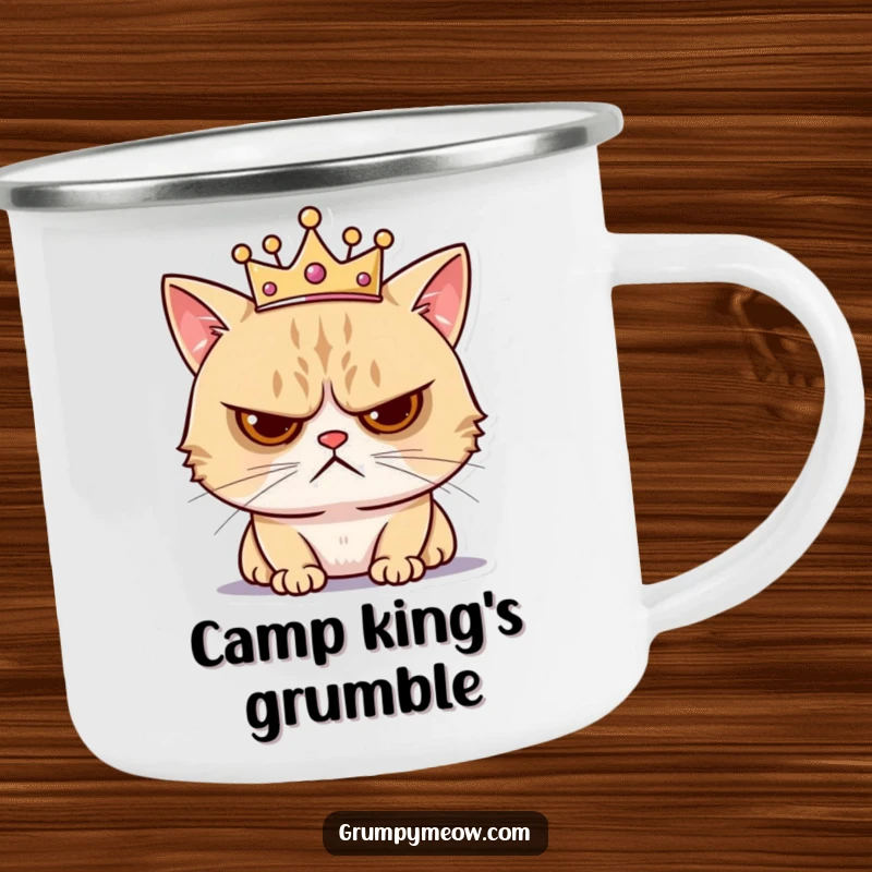 Funny camping mug with a grumpy cat wearing a tiny crown, looking annoyed, bringing humorous feline royalty and displeasure outdoors.