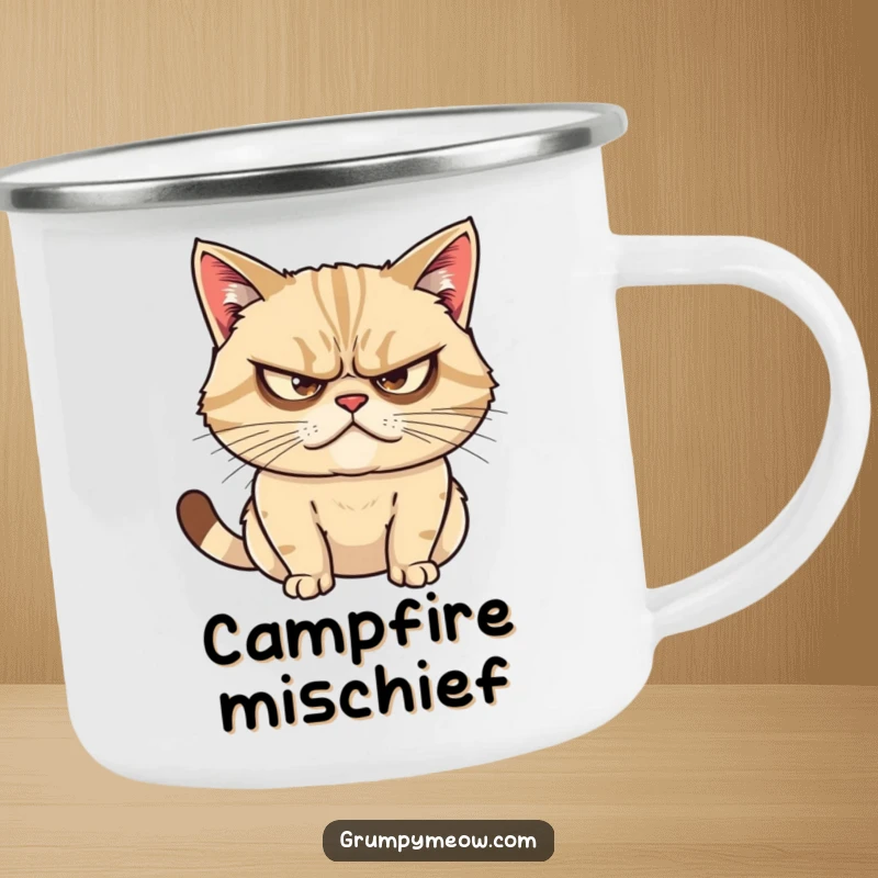 Funny camping mug with a grumpy cat featuring narrowed eyes, plotting mischief and ready for outdoor escapades.