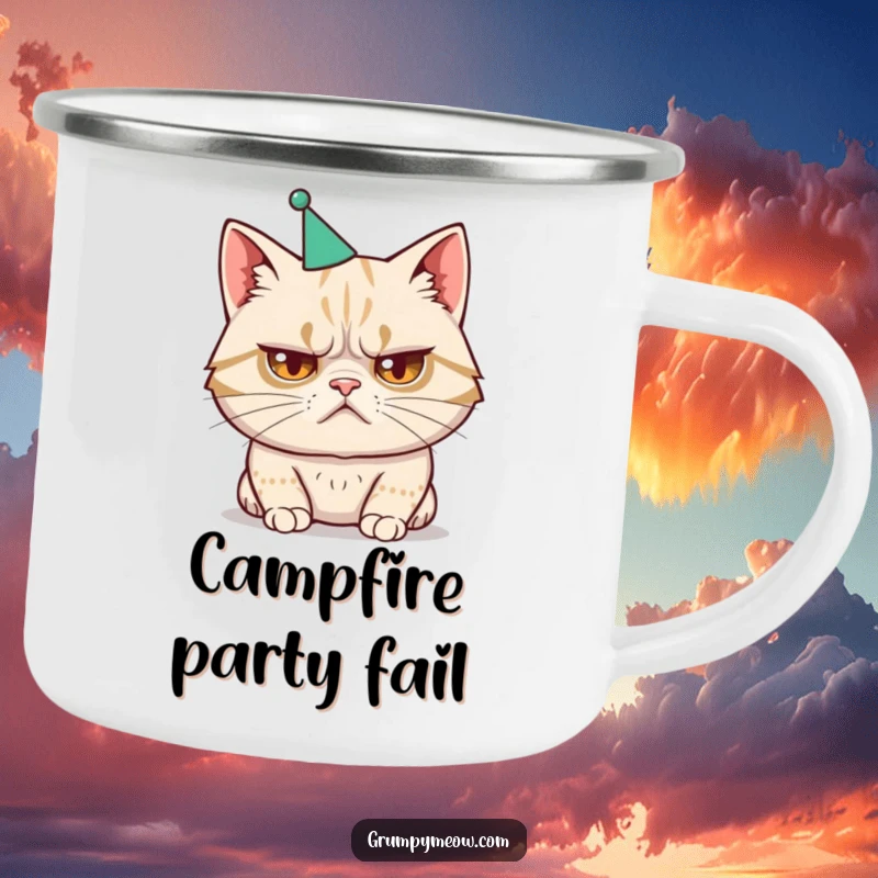 Funny camping mug featuring a disgruntled cat wearing a tiny, ill-fitting party hat, ideal for outdoor humor.