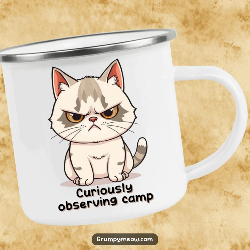 Funny Grumpy Cat Camping Mug: Durable mug featuring a grumpy cat with a scowl and a tail twitching with curiosity.
