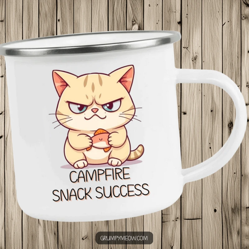 Funny camping mug with a grumpy cat smirking and holding a tiny fish, perfect for outdoor feline fun.