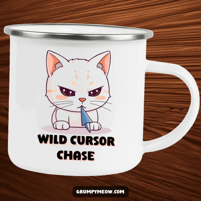Funny camping mug with a cat's narrowed eyes intently fixed on a computer cursor, perfect for outdoor enthusiasts who love technology and humor.