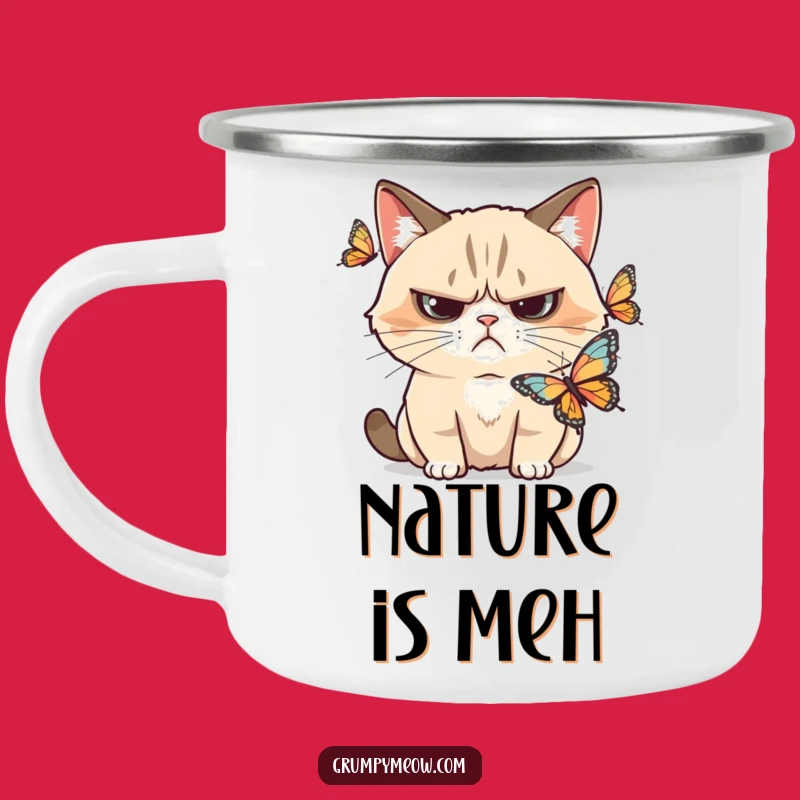Funny Grumpy Cat Butterfly Skeptic Camping Mug: Observe Nature with a Frown