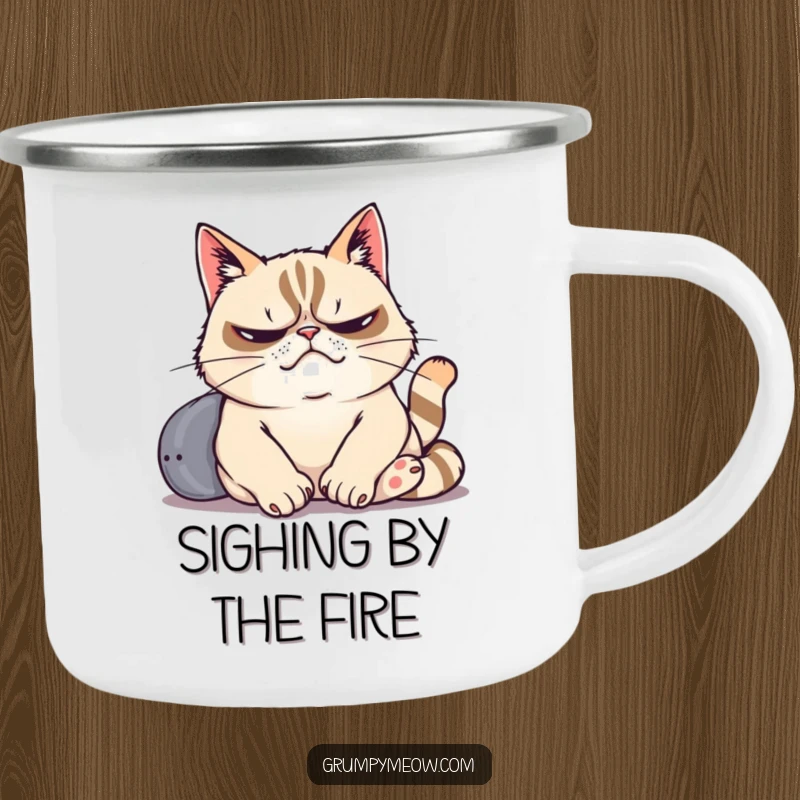 Funny camping mug with a grumpy cat dramatically sighing while lounging lazily, perfect for expressing relaxation and humor outdoors.
