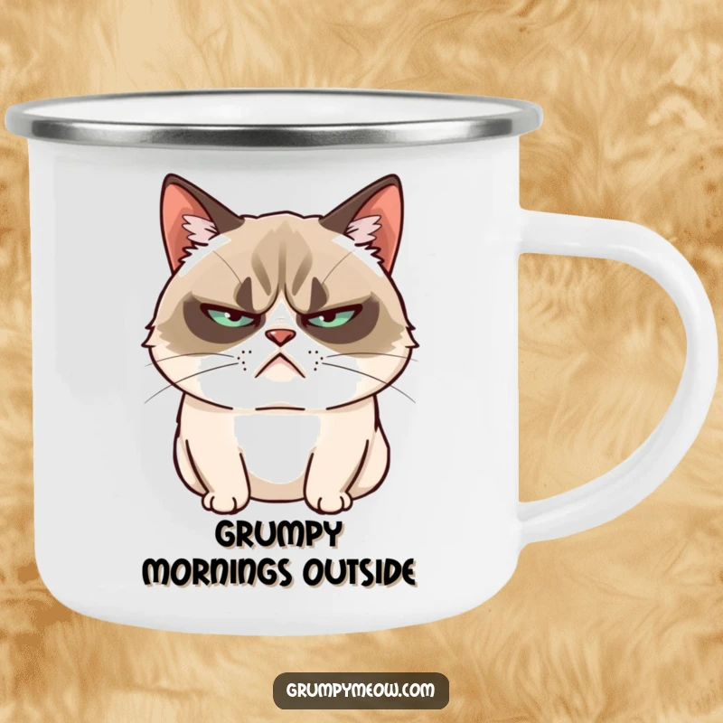 Funny Grumpy Cat Camping Mug: A grumpy cat slowly blinks with unimpressed charm, perfect for outdoor brews.
