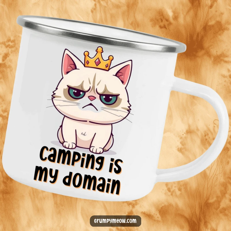Funny camping mug featuring a grumpy cat wearing a tiny crown and sighing resignedly, ready for outdoor royal duties.