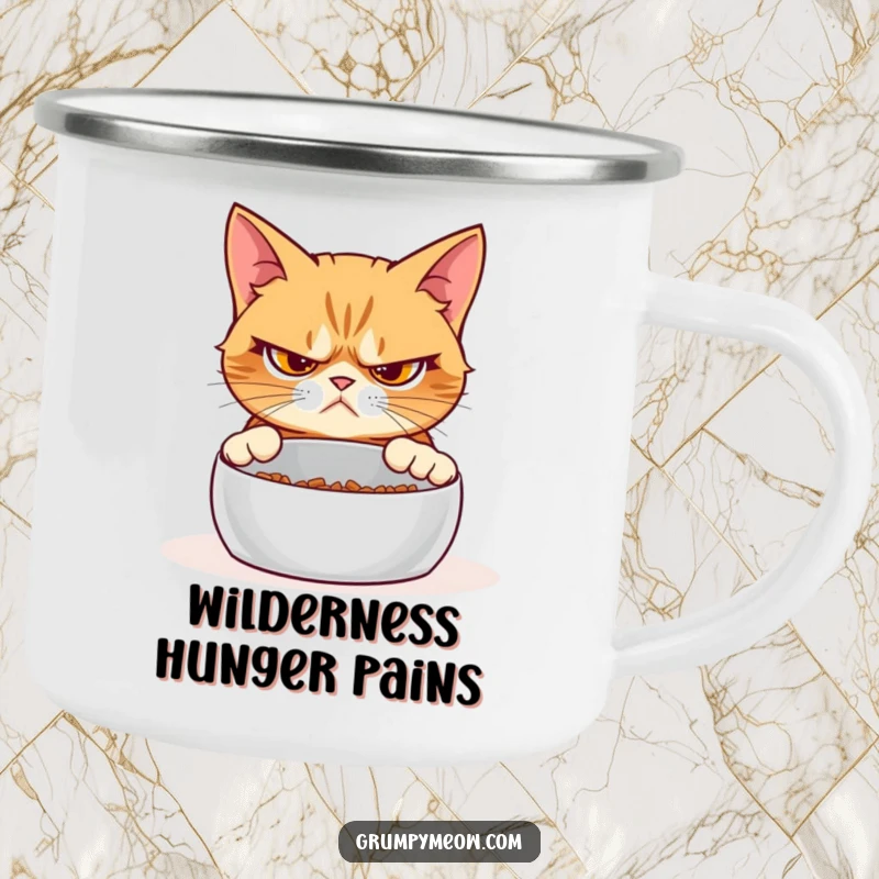 Funny grumpy cat camping mug, skeptical gaze, empty food bowl, outdoor beverage holder, humorous travel gear, cat-themed.
