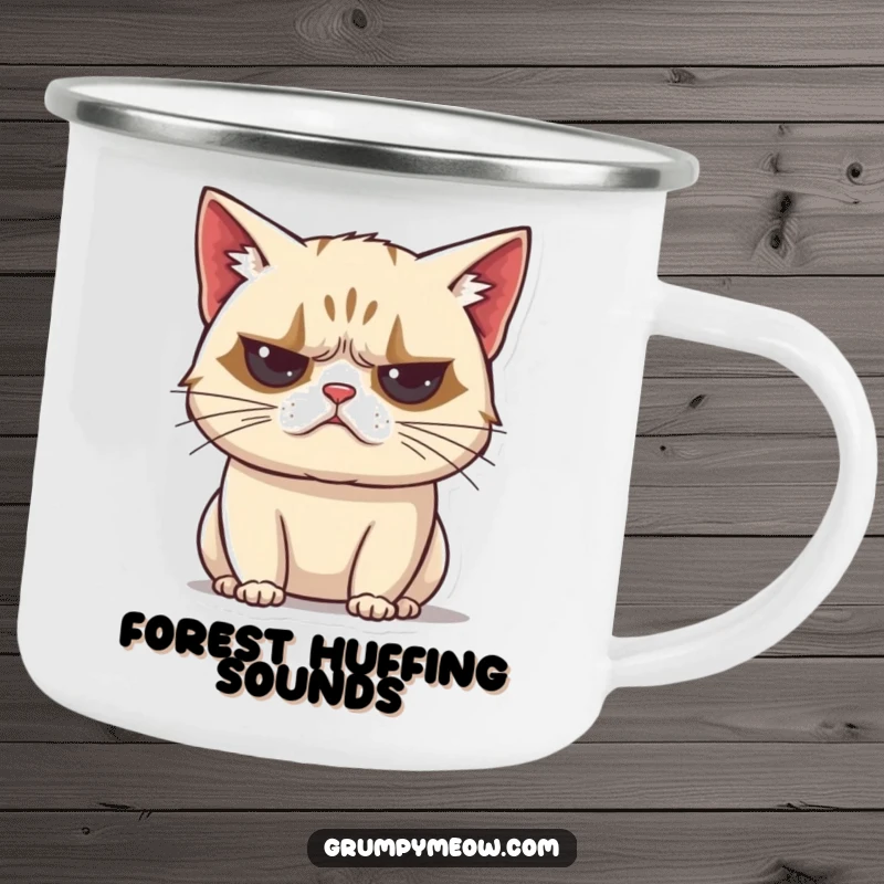 Funny grumpy cat camping mug, unimpressed huff sound, exhaling, vocal disapproval, outdoor beverage holder, humorous camping gear, gift.