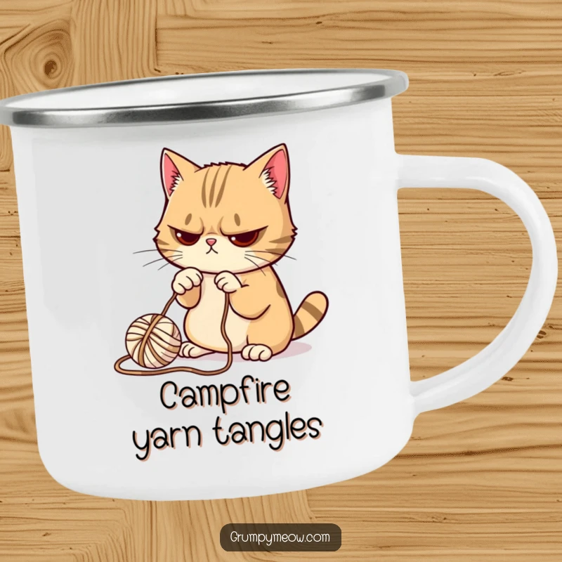 Funny Grumpy Cat Camping Mug: Durable mug featuring a grumpy cat reluctantly batting a ball of yarn.