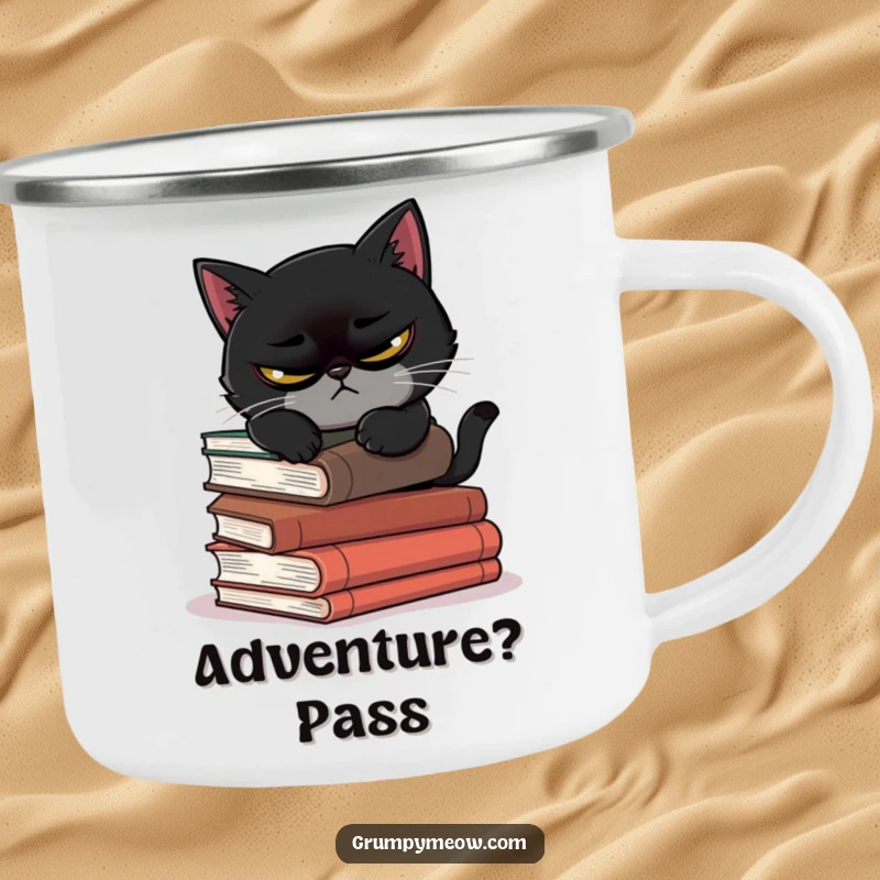 Funny camping mug featuring a scowling black cat attempting to nap on precarious books, ideal for outdoor humor.