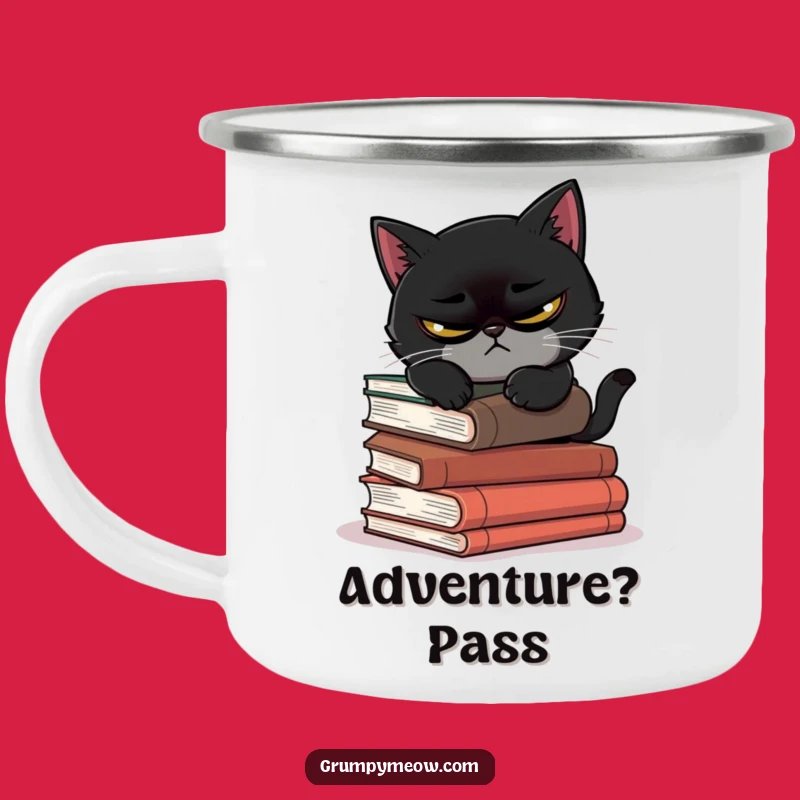 Funny Scowling Cat Book Camping Mug - Outdoor Humor for Readers Gift