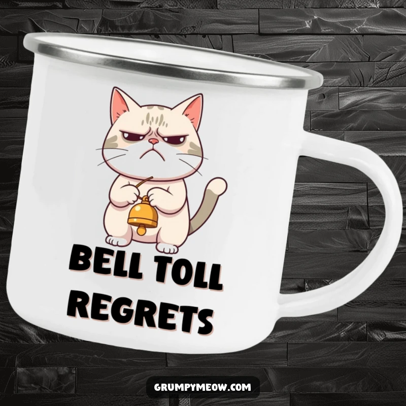Funny camping mug showing a grumpy cat reluctantly playing with a dangling bell, perfect for outdoor drinks with a dose of feline attitude.