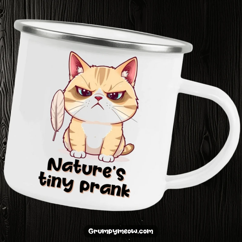 Funny Grumpy Cat Camping Mug: A grumpy cat looks bewildered by a feather, perfect for outdoor brews and confused contemplation.
