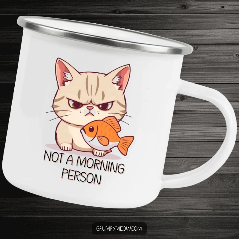 Funny grumpy cat camping mug, frown, intense stare at fish, perfect for outdoor adventures and humorous sips.
