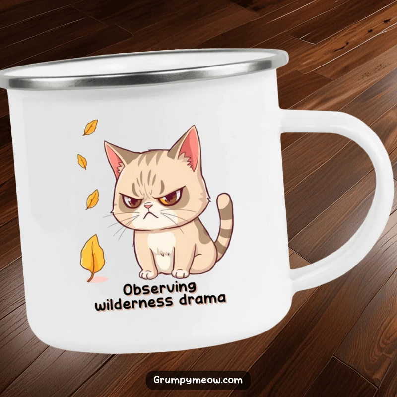 Funny Grumpy Cat Camping Mug: Durable mug with a grumpy cat observing a falling leaf, perfect for outdoor enjoyment.