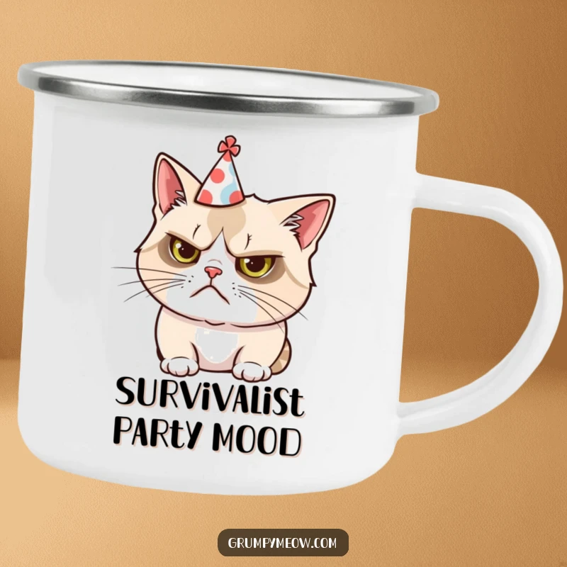 Funny camping mug showing a grumpy cat comically wearing a small party hat during outdoor adventures.