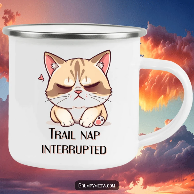 Funny grumpy cat camping mug, trying to sleep, playfully disturbed, annoyed, outdoor beverage holder, humorous camping gear, gift.