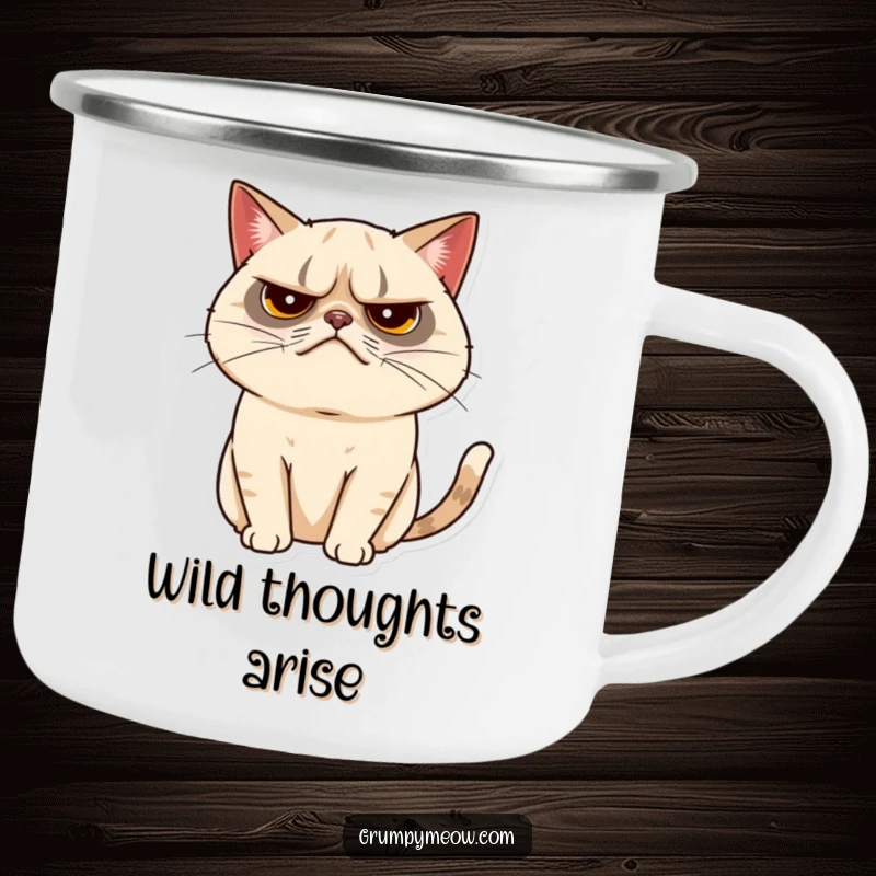 Funny grumpy cat camping mug showing a cat with a tiny, almost imperceptible tail twitch, designed for outdoor use.