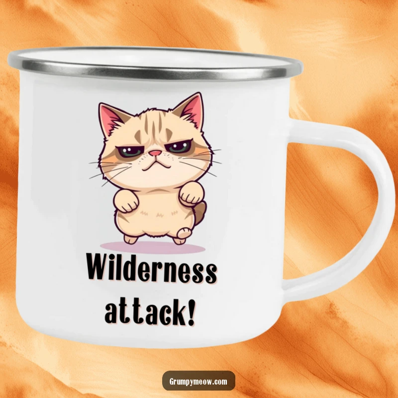 Funny grumpy cat camping mug, mid-leap with energy, embodying outdoor adventure, a wonderful funny gift for campers.