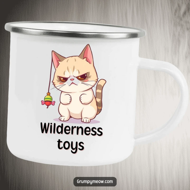Funny camping mug with a grumpy cat batting a toy disdainfully, bringing humorous feline unimpressed attitude to outdoor adventures.