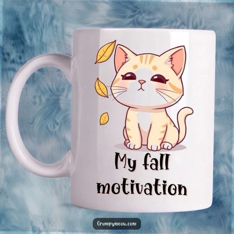 Funny mug featuring a cat with a deadpan expression intently trying to catch a falling leaf, embodying stoic humor.