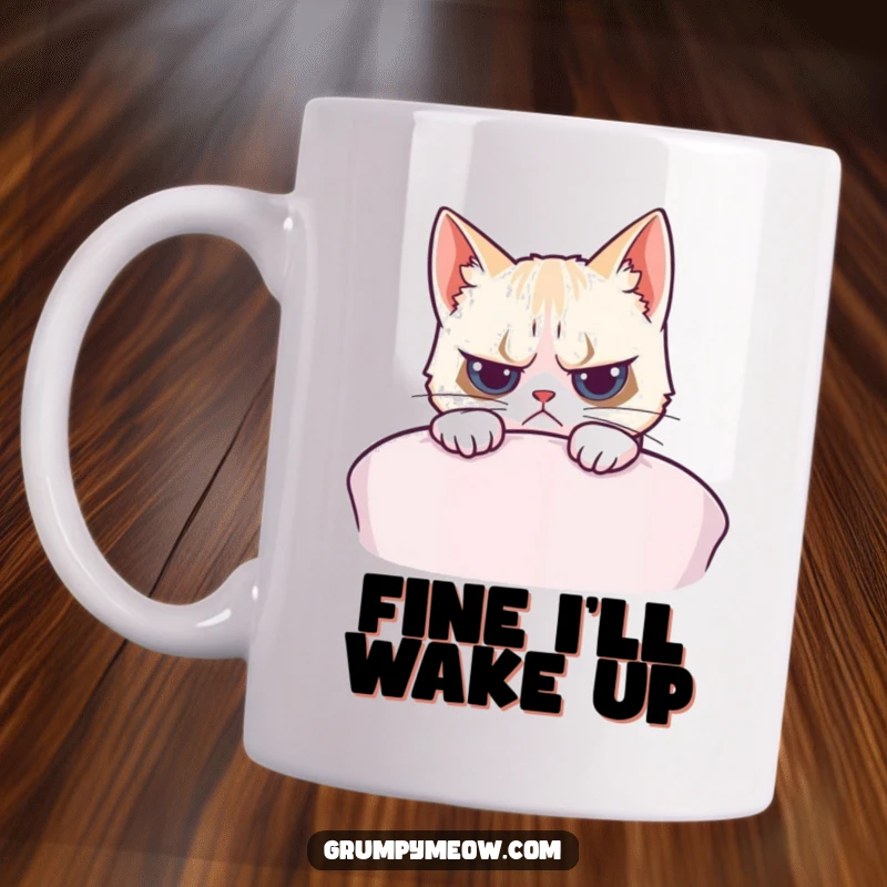 Funny mug featuring a grumpy cat peeking over a plush cushion, eyes wide with a hint of surprise and a tiny flicker of interest.
