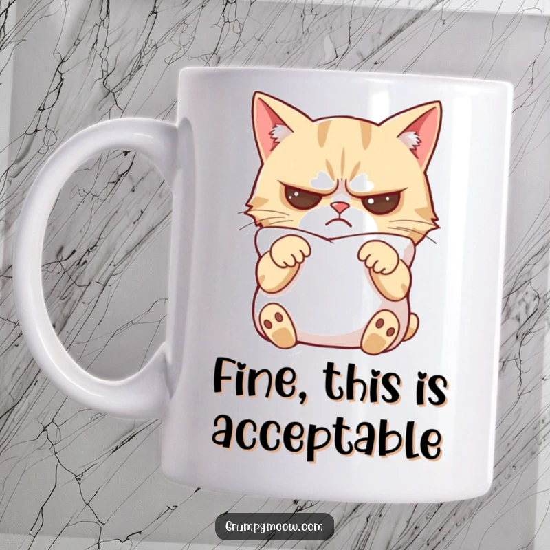 Funny grumpy cat mug showing a cat with crossed paws, looking slightly mollified while resting on a soft pillow.